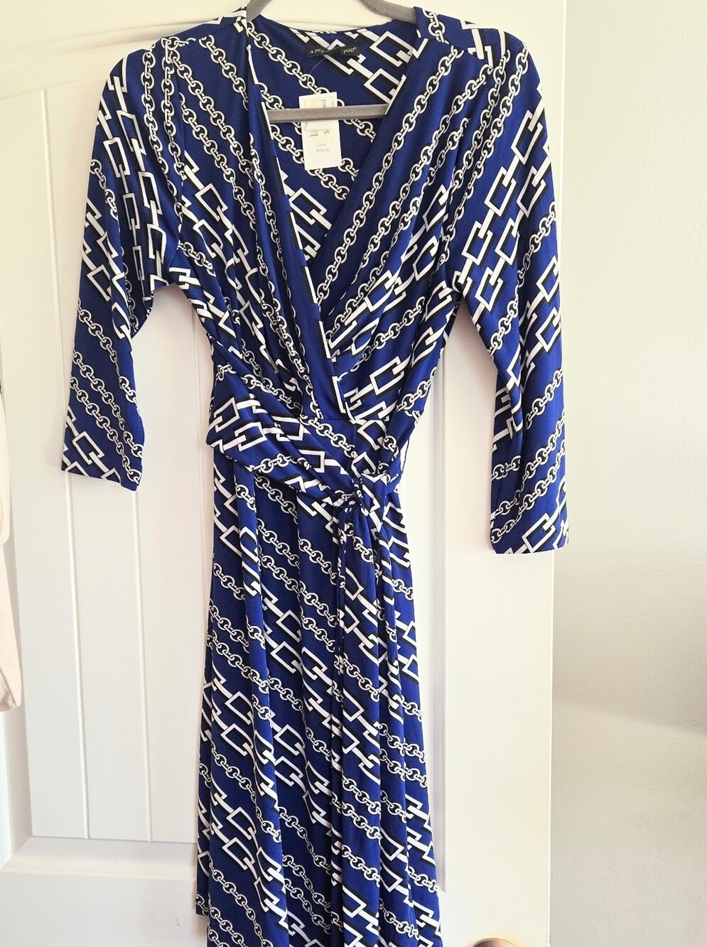 PEA IN A POD Womens Blue Chain Print 3/4 Sleeve Stretch Wrap Jersey Dress Medium - Picture 2 of 9